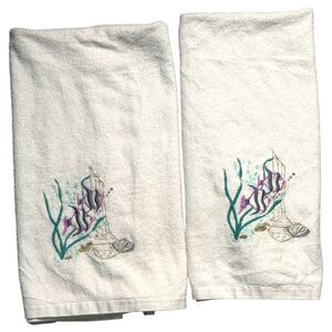 Vintage 1970s Embroidered Ocean Fish Bath Towel Set of 2